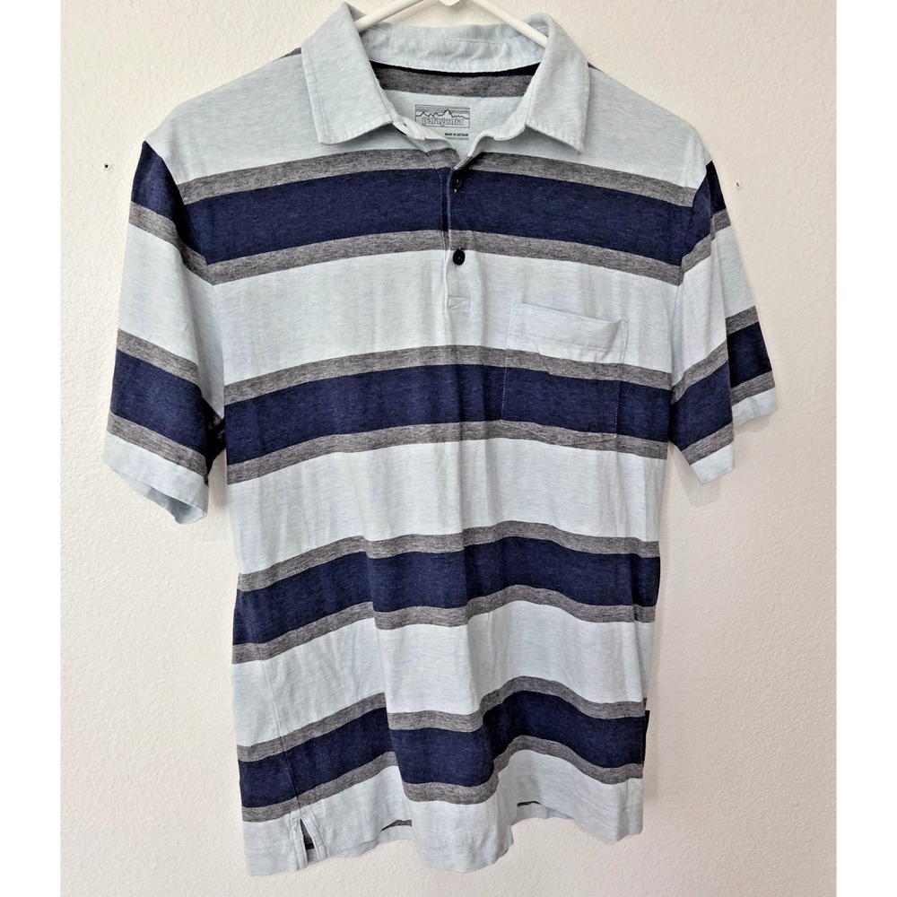 Patagonia Men's Blue Gray Striped Collared Polo Shirt Short Sleeve Preppy‎ Small